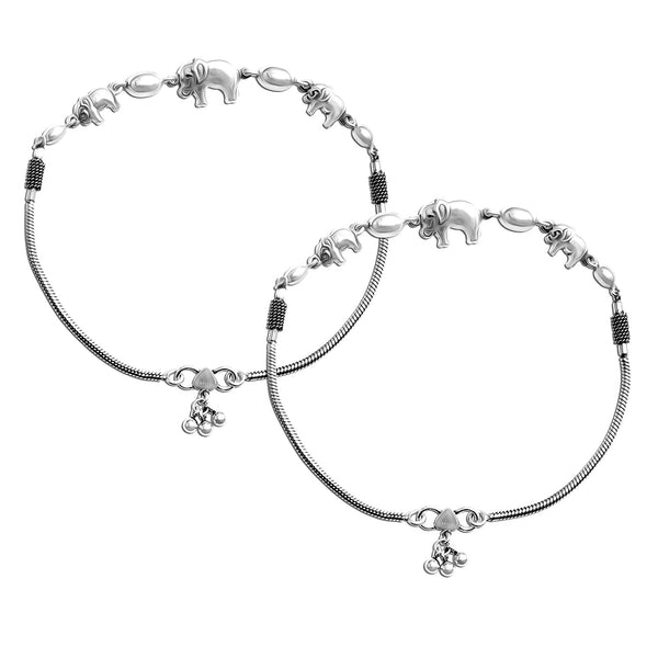 925 Sterling Silver Antique Oxidized Elephant with Snake Chain Anklets for Women (PAIR ANKLET)