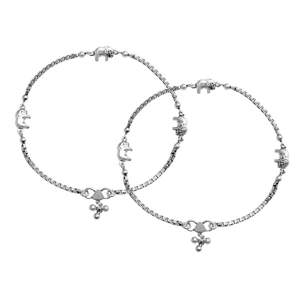 925 Sterling Silver Antique Oxidized Elephant with Box Chain Anklets for Women (PAIR ANKLET)