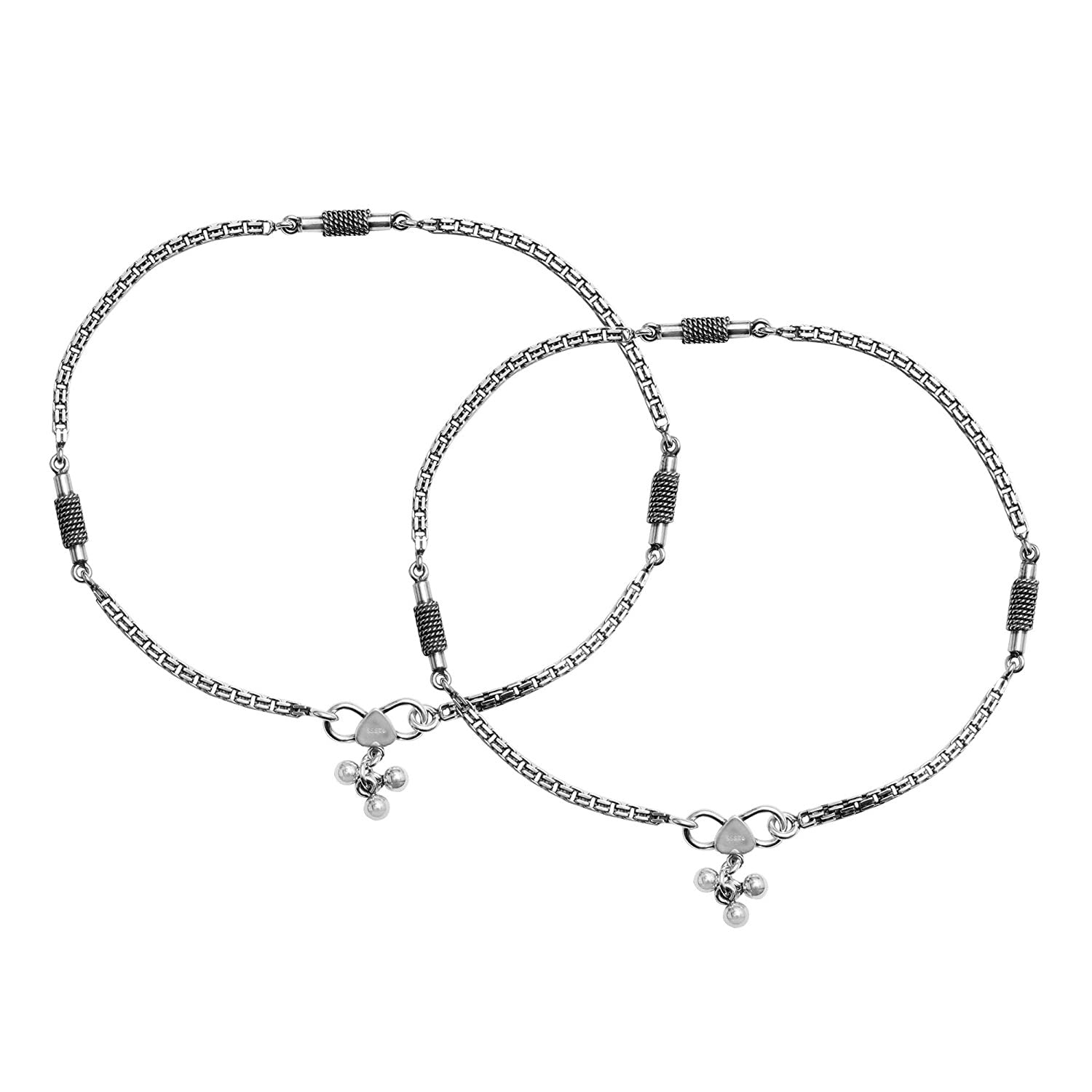 925 Sterling Silver Antique Oxidized Box Chain Anklets for Women (PAIR ANKLET)