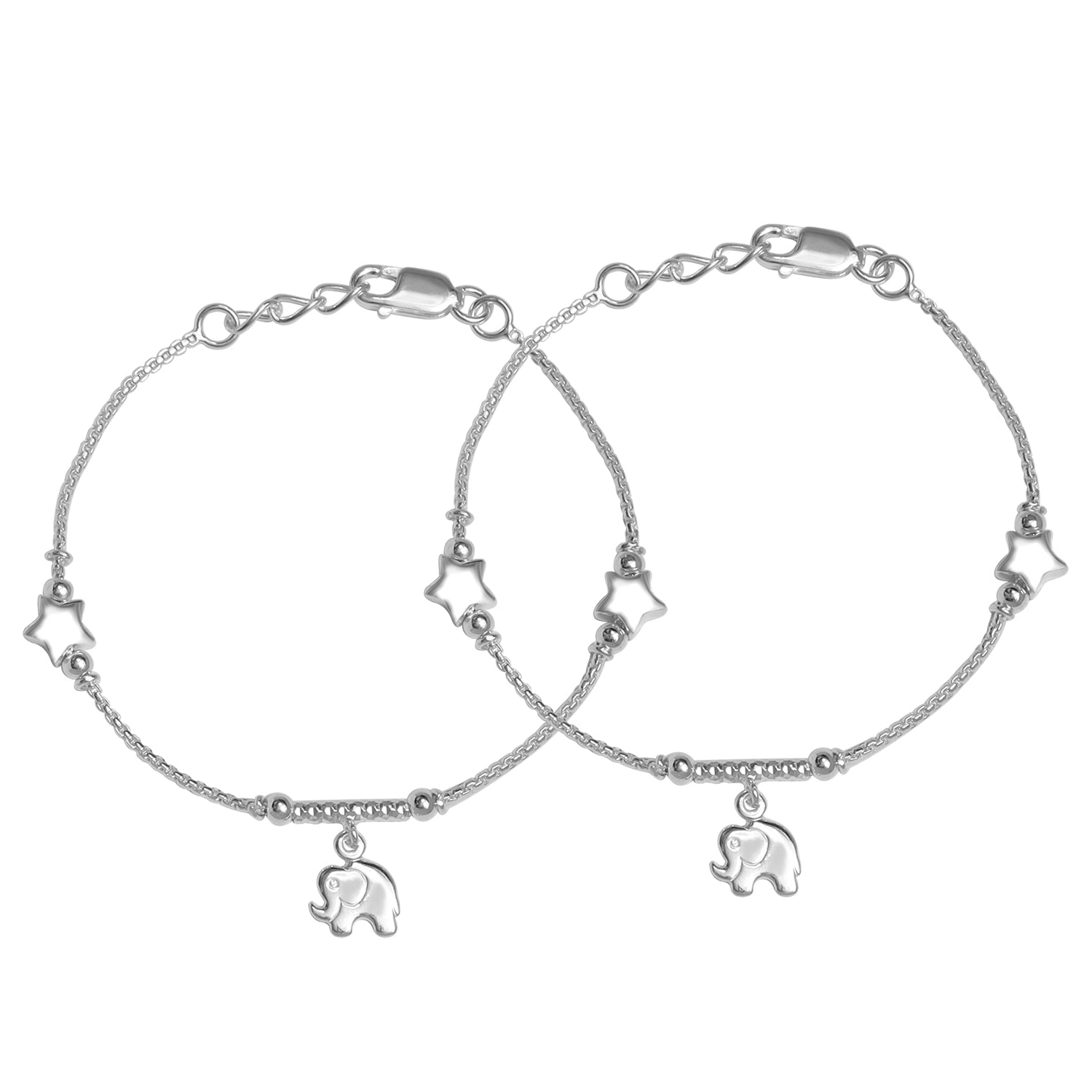 925 Sterling Silver Star & Elephant Cute Modern Anklets for Kids 2 to 6 Year Girls (PAIR ANKLET)