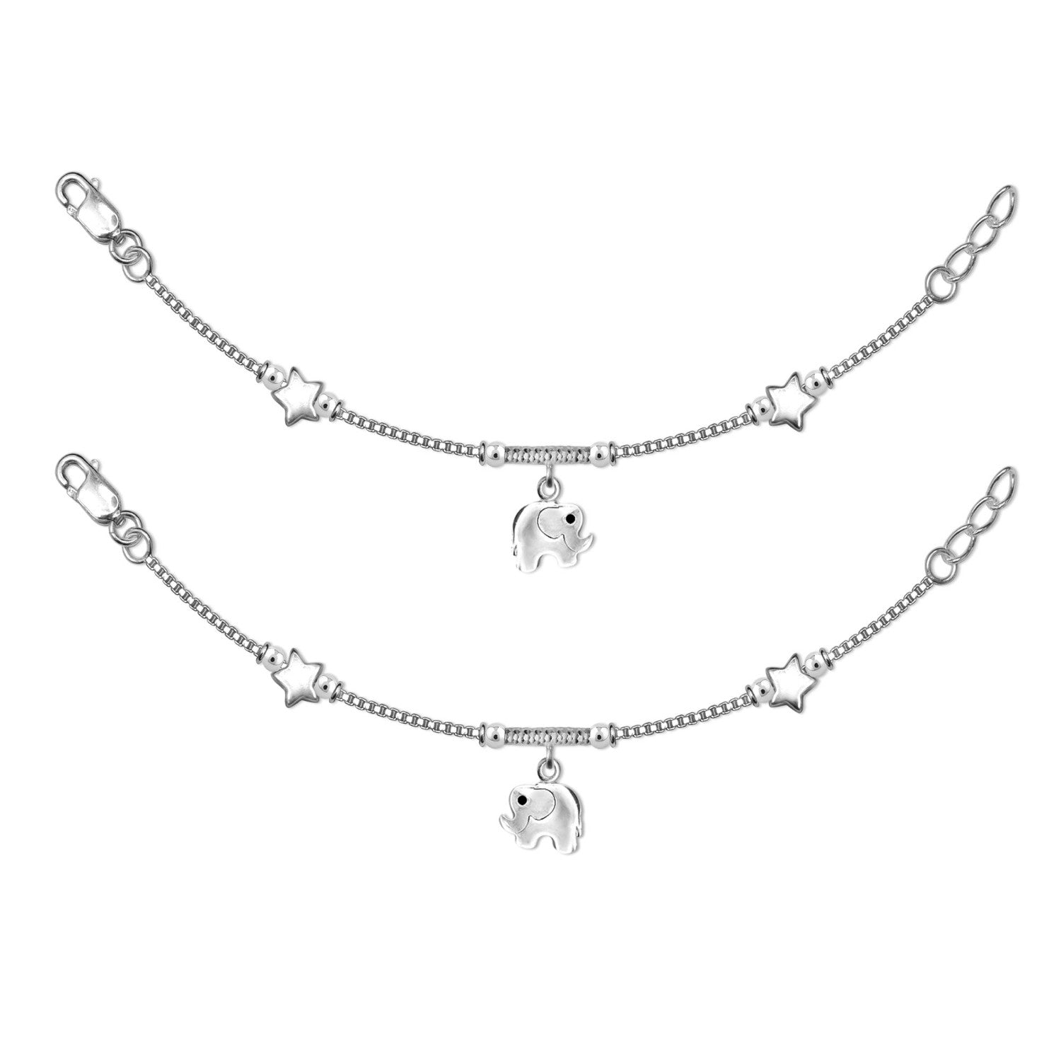 925 Sterling Silver Star & Elephant Cute Modern Anklets for Kids 4 to 8 Year Girls (PAIR ANKLET)