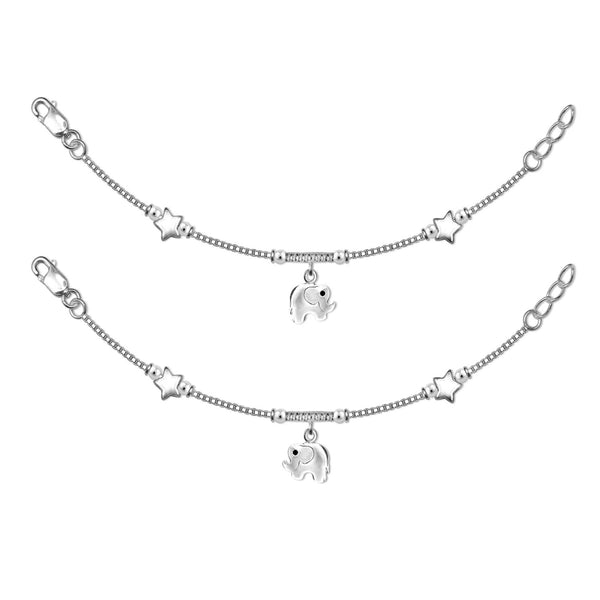 925 Sterling Silver Star & Elephant Cute Modern Anklets for Kids 4 to 8 Year Girls (PAIR ANKLET)