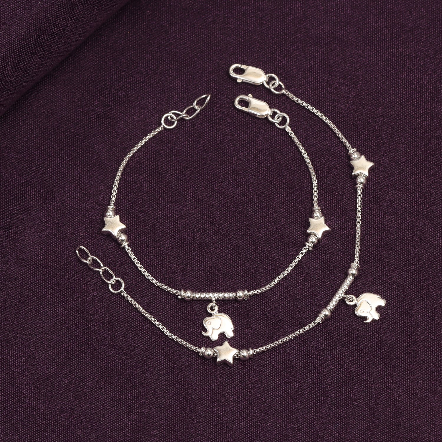 925 Sterling Silver Star & Elephant Cute Modern Anklets for Kids 4 to 8 Year Girls (PAIR ANKLET)
