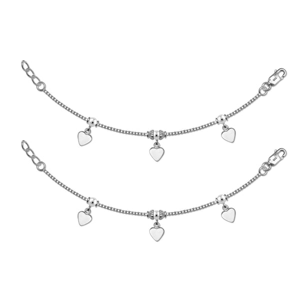 925 Sterling Silver Heart Anklets for Kids 4 to 8 Year Girls (PAIR ANKLET)