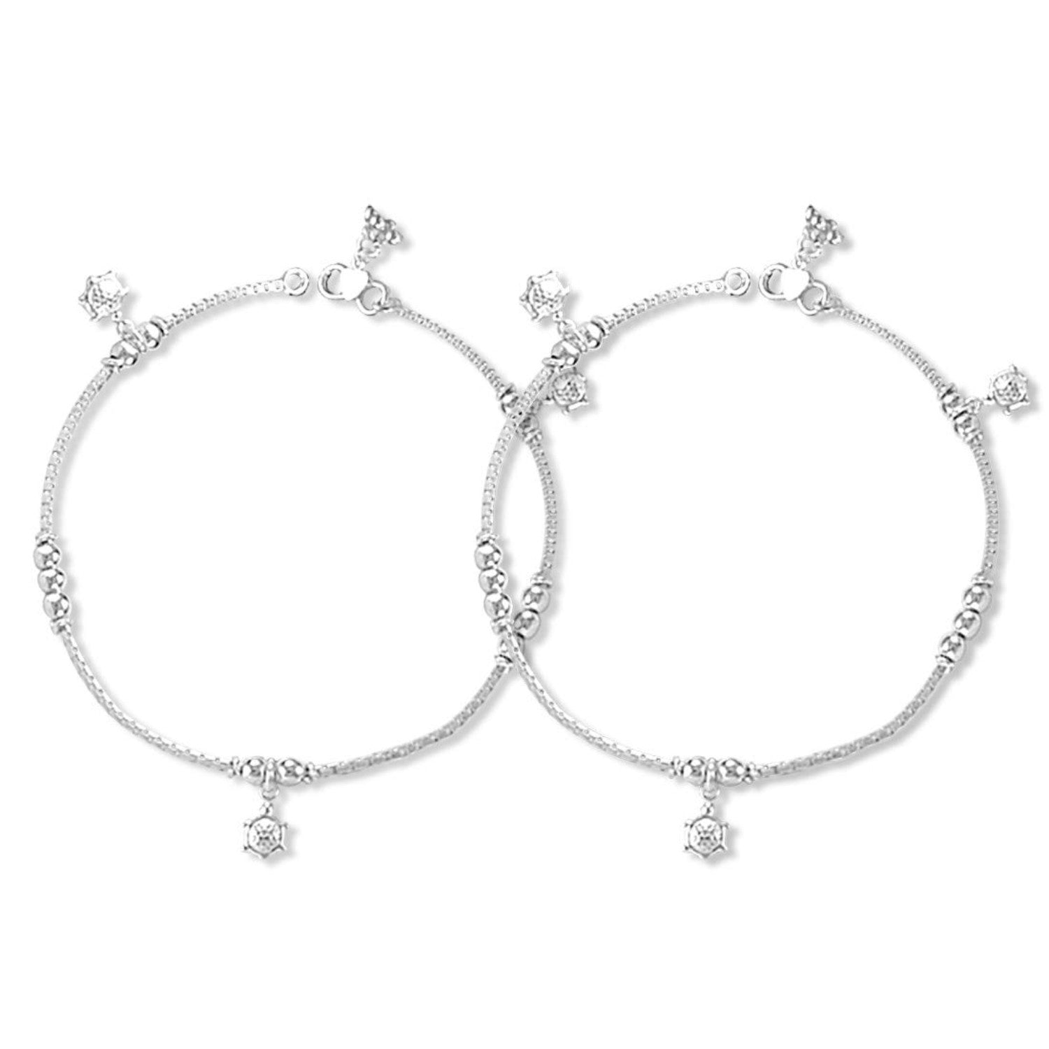 925 Sterling Silver Hanging Turtle Chain Anklet for Women (PAIR ANKLET)