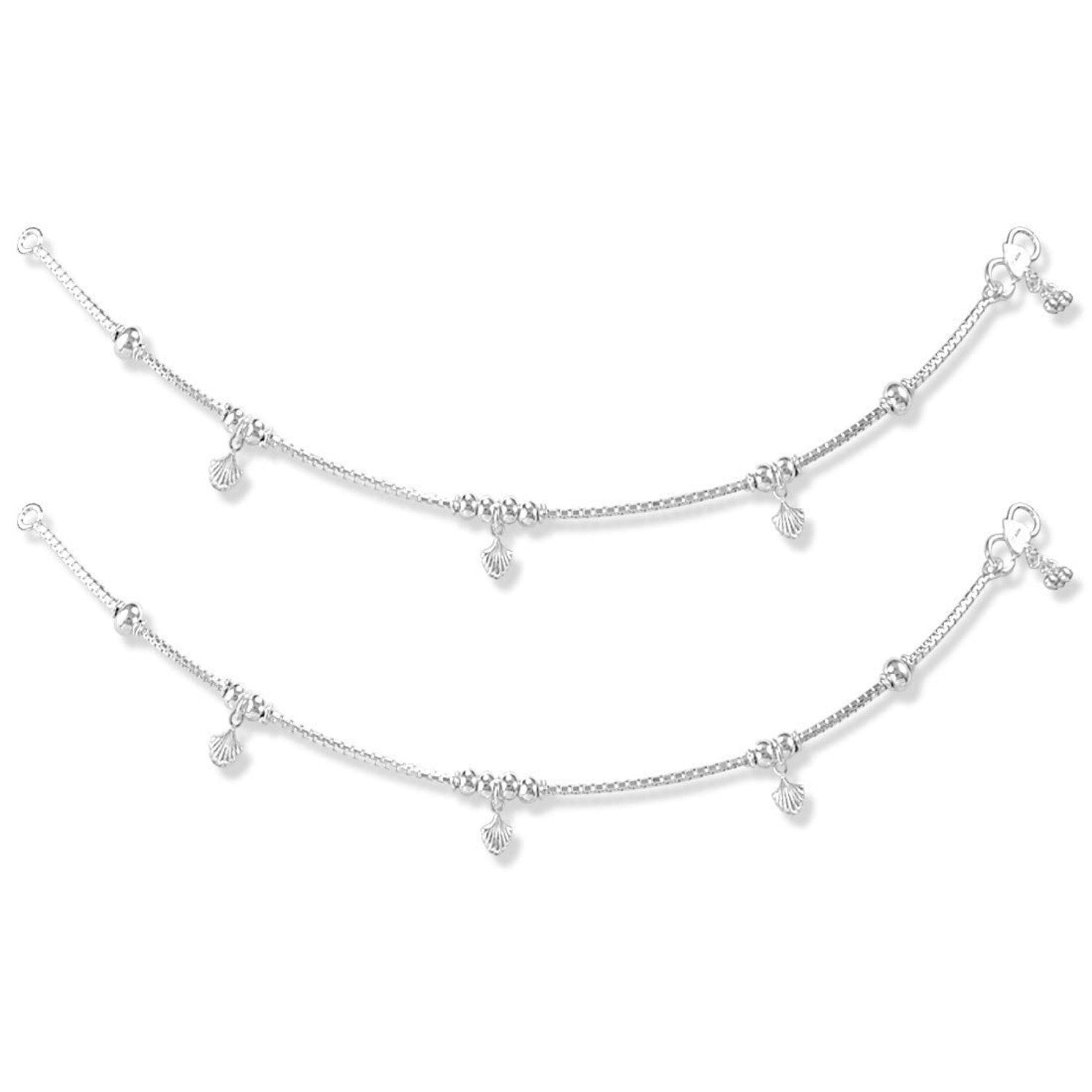 925 Sterling Silver Sea Shell with Balls Anklet Pair for Women