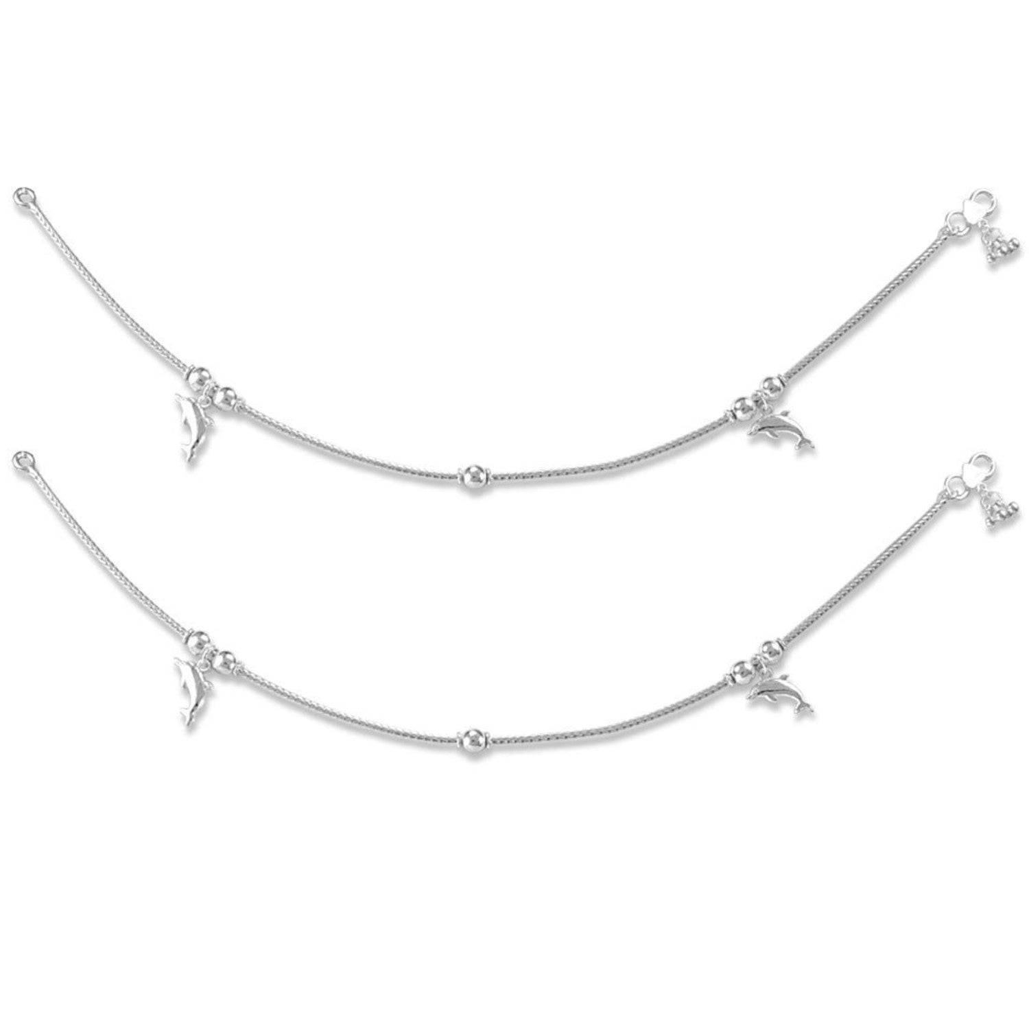925 Sterling Silver Hanging Dolphin Chain Anklet for Women (PAIR ANKLET)