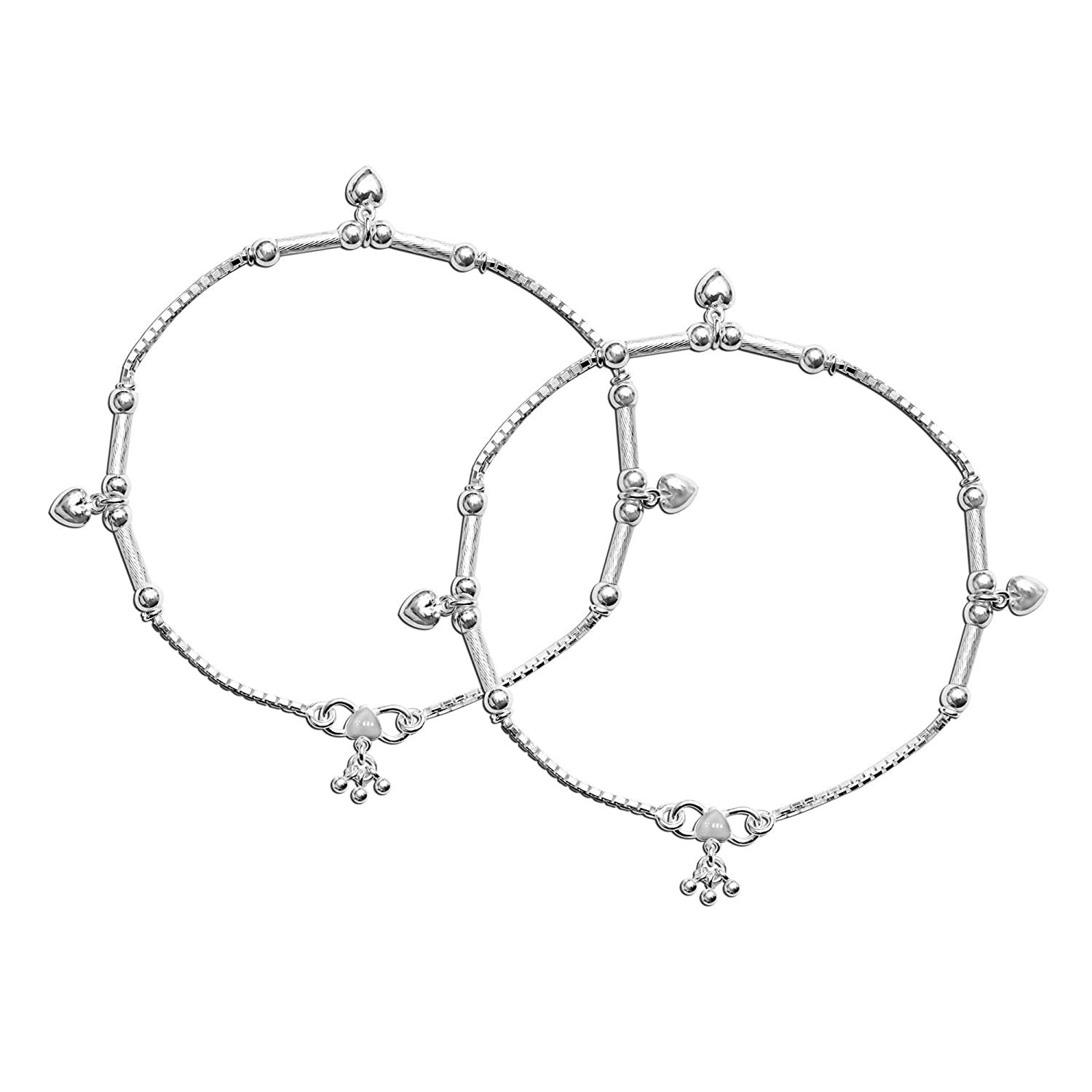 925 Sterling Silver Multi Heart with Balls Anklet Pair for Women