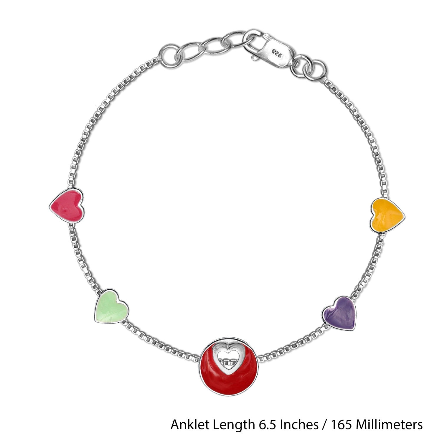 925 Sterling Silver Modern Heart Enamel Anklets for Girls and Kids