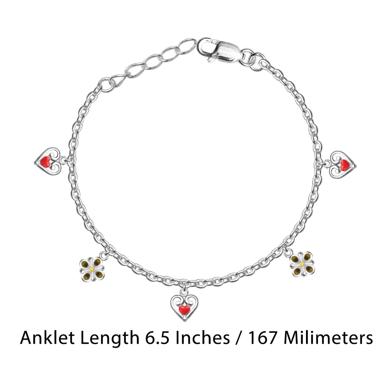 925 Sterling Silver Enameled Heart and Flower Shaped Modern Anklets for Kids 4 to 8 Year Girls
