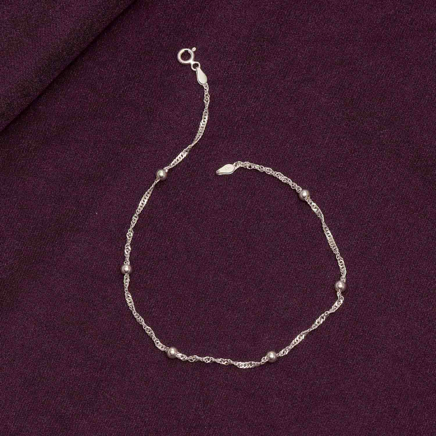 925 Sterling Silver Basic Chain Link Beaded Anklet for Women and Girls (SINGLE ANKLET)
