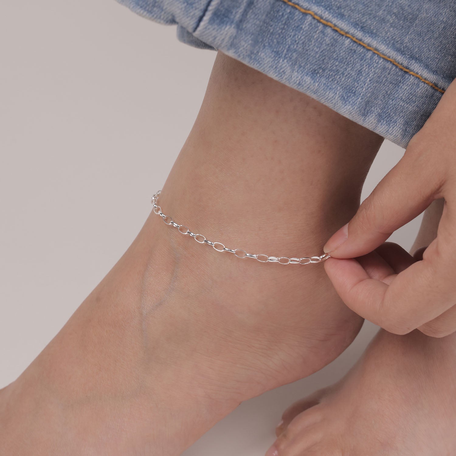 925 Sterling Silver Basic Rolo Chain Link Bismark Anklet for Women and Girls (SINGLE ANKLET)