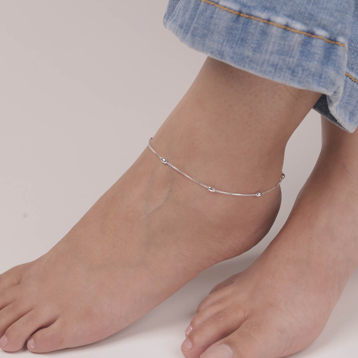 925 Sterling Silver Basic Venetian Chain Link Beaded Anklet for Women and Girls (SINGLE ANKLET)
