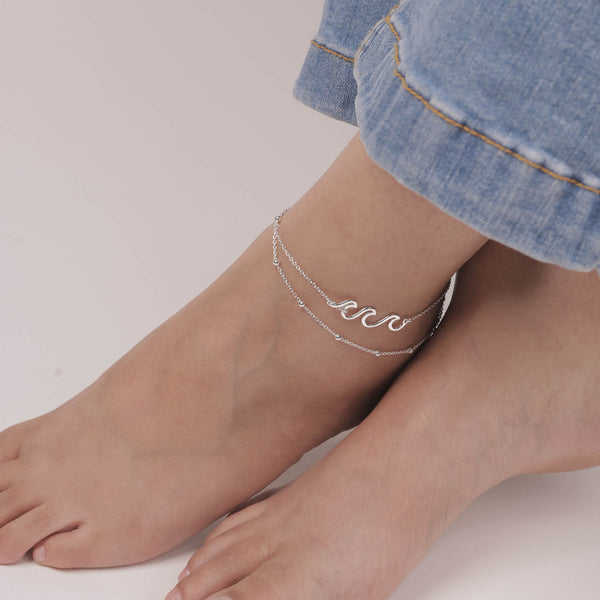925 Sterling Silver Wave Ocean Sea Adjustable Anklet for Teen Women (SINGLE ANKLET)