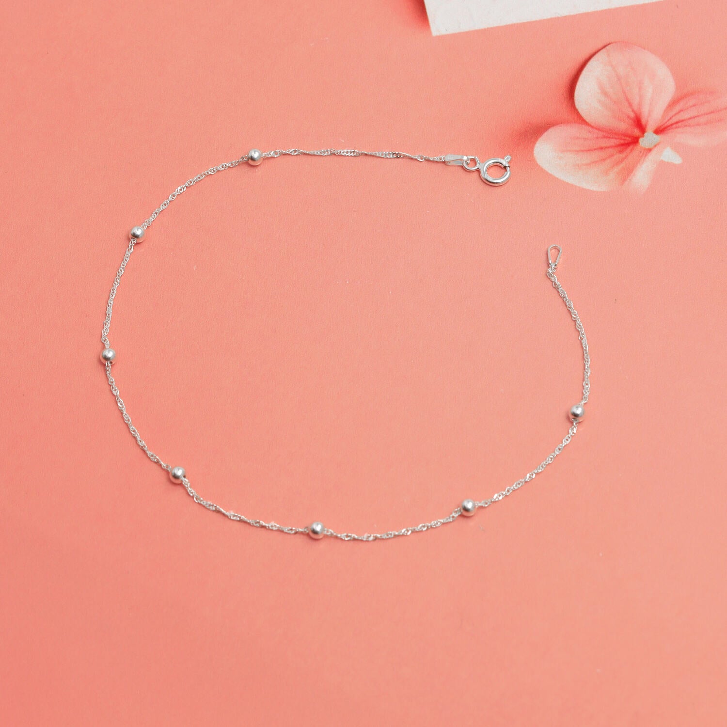 925 Sterling Silver Singapore Beaded Station Chain Beach Summer Anklet for Women and Girls (SINGLE ANKLET)