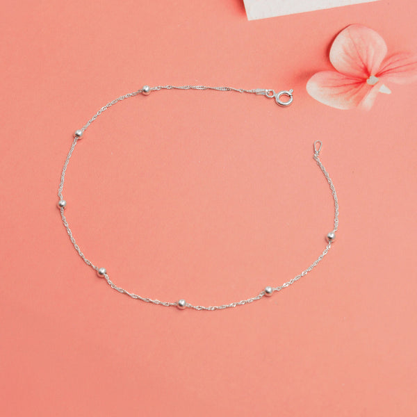925 Sterling Silver Singapore Beaded Station Chain Beach Summer Anklet for Women and Girls (SINGLE ANKLET)