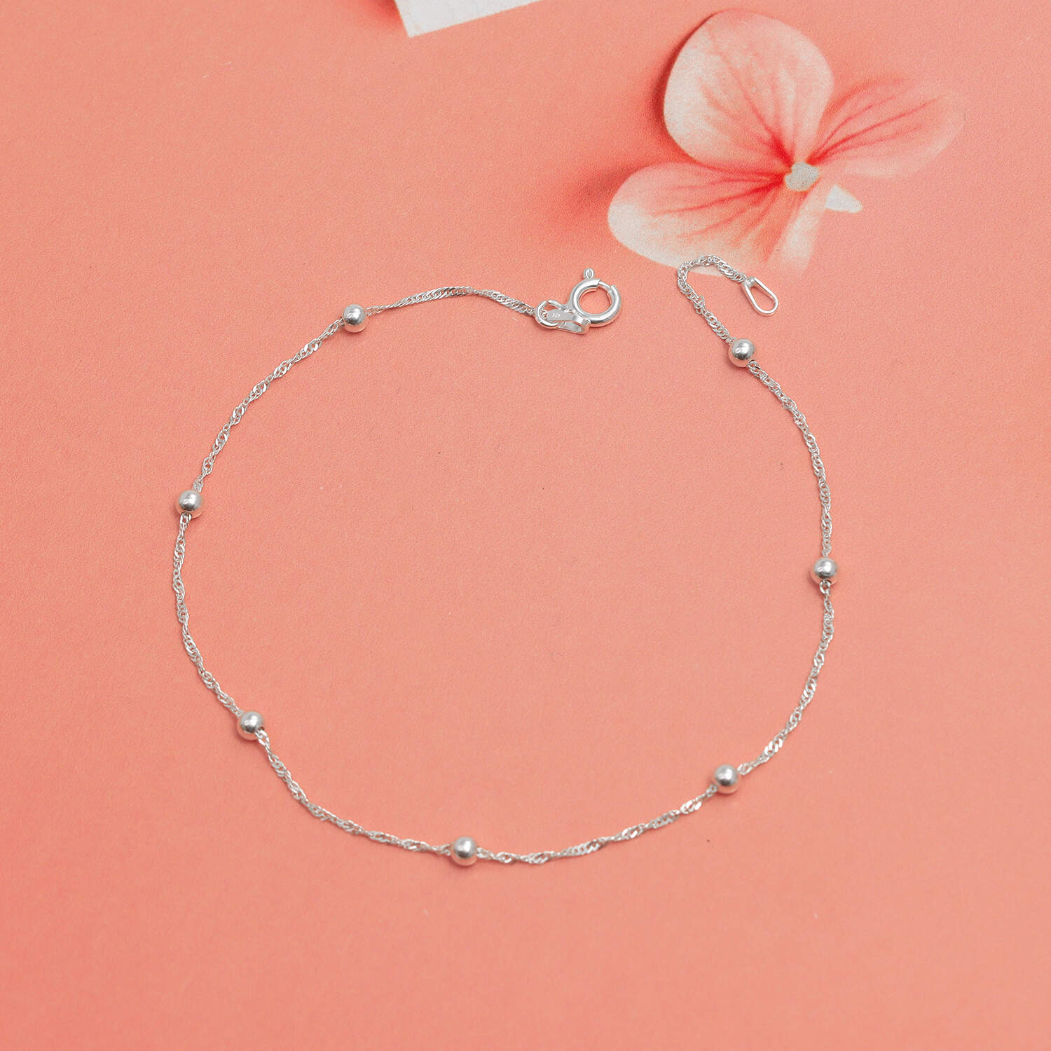 925 Sterling Silver Singapore Beaded Station Chain Beach Summer Anklet for Women and Girls (SINGLE ANKLET)