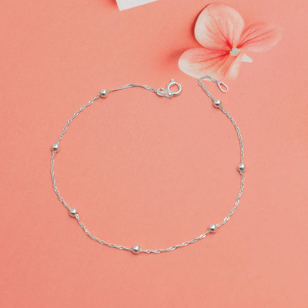 925 Sterling Silver Singapore Beaded Station Chain Beach Summer Anklet for Women and Girls (SINGLE ANKLET)