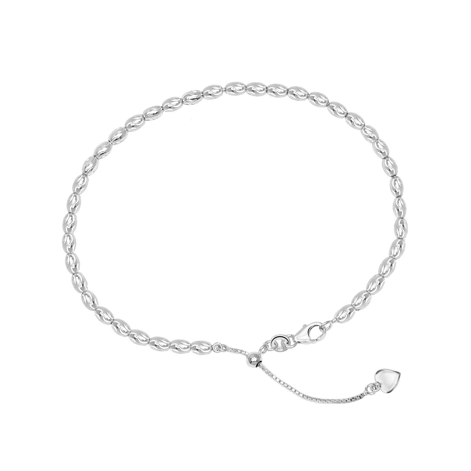925 Sterling Silver Diamond-Cut Oval Bead Ball Chain Anklet with Heart Charm for Women (PAIR ANKLET)