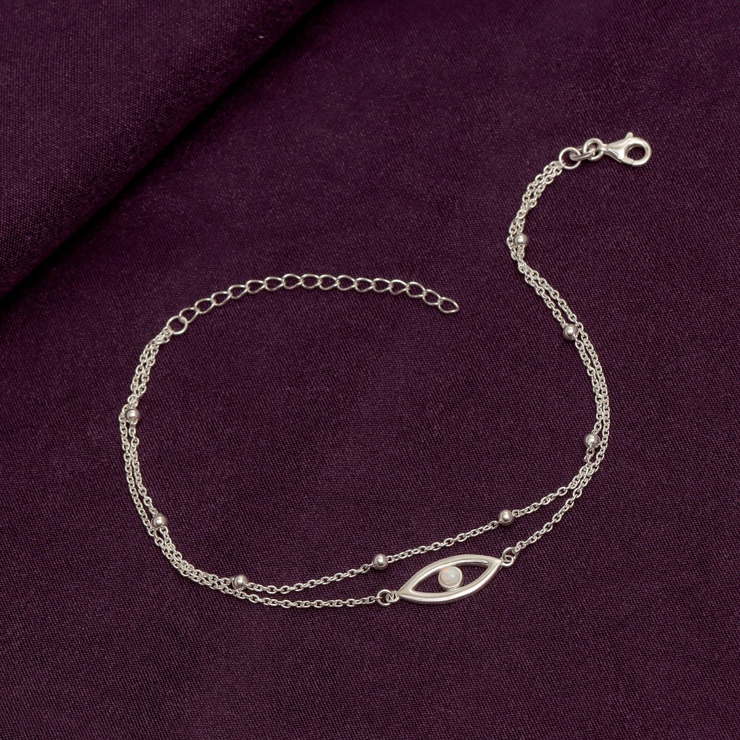 925 Sterling Silver Created Opal Layered Evil Eye Beaded Adjustable Anklet for Teen Women (SINGLE ANKLET)