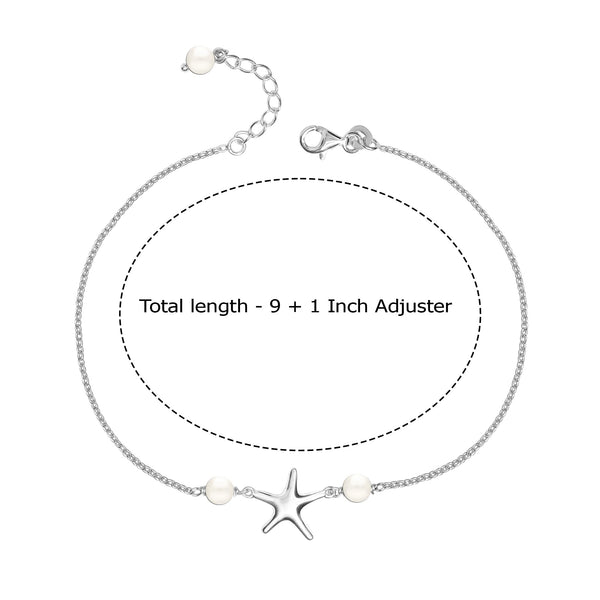925 Sterling Silver Starfish Pearl Sea Adjustable Anklet for Teen Women