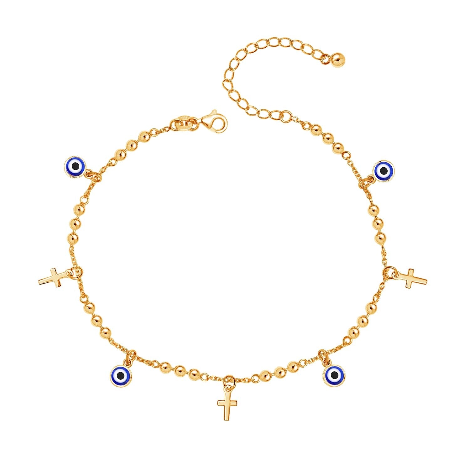 925 Sterling Silver 14K Gold-Plated Evil Eye & Cross Charm Round Bead Ball Chain Anklets for Women (SINGLE ANKLET)