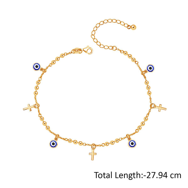 925 Sterling Silver 14K Gold-Plated Evil Eye & Cross Charm Round Bead Ball Chain Anklets for Women (SINGLE ANKLET)