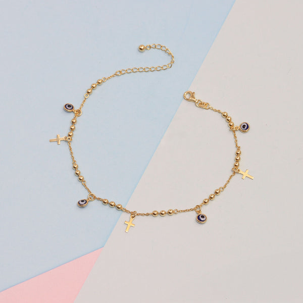 925 Sterling Silver 14K Gold-Plated Evil Eye & Cross Charm Round Bead Ball Chain Anklets for Women (SINGLE ANKLET)