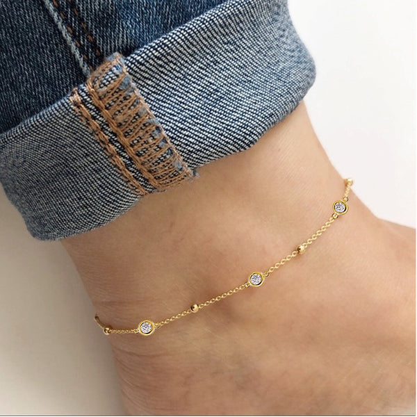 925 Sterling Silver 14K Gold Plated Cubic Zirconia Link Chain Station Anklet for Women (SINGLE ANKLET)