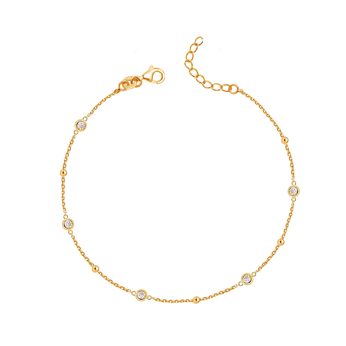 925 Sterling Silver 14K Gold Plated Cubic Zirconia Link Chain Station Anklet for Women (SINGLE ANKLET)