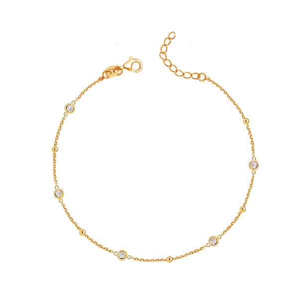 925 Sterling Silver 14K Gold Plated Cubic Zirconia Link Chain Station Anklet for Women (SINGLE ANKLET)