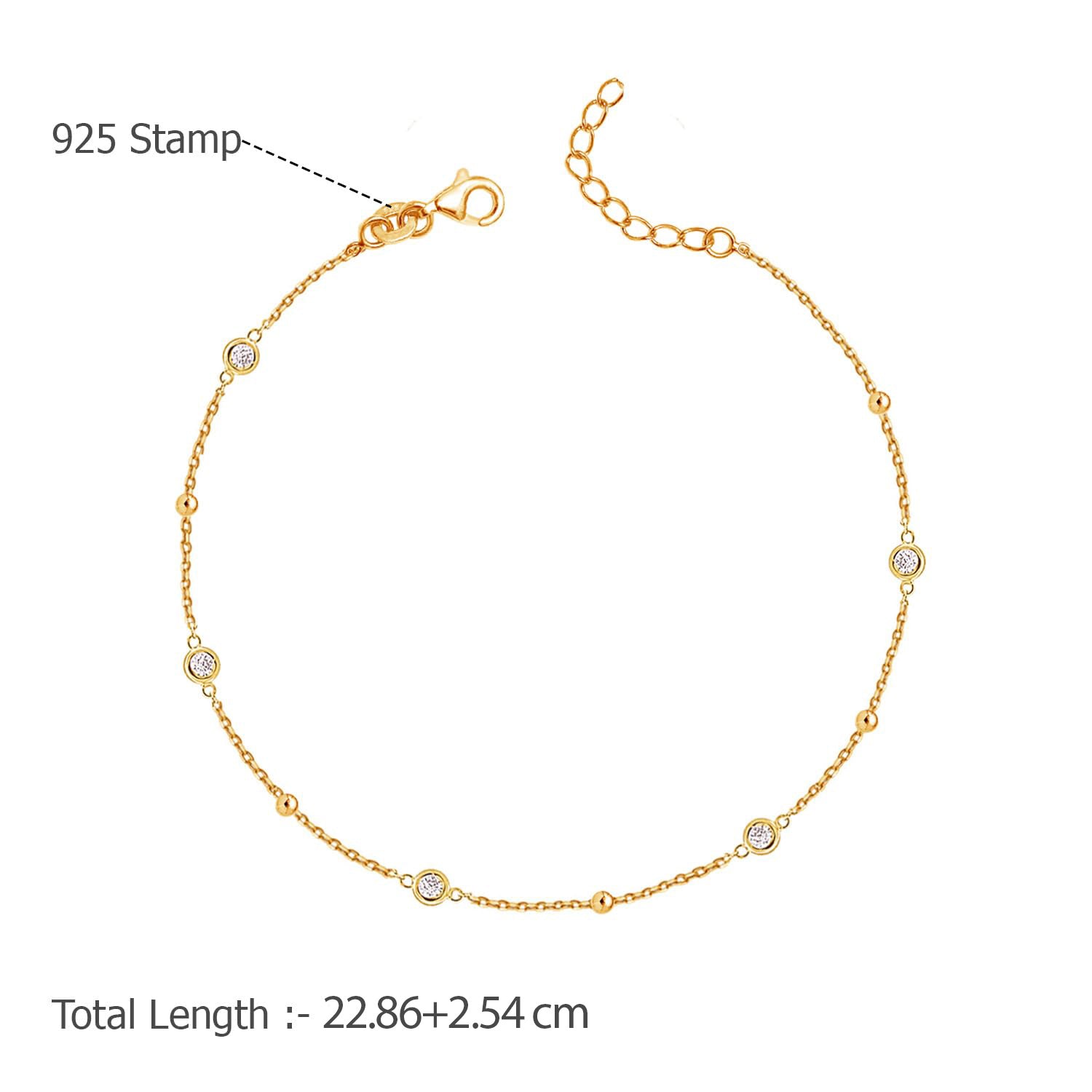 925 Sterling Silver 14K Gold Plated Cubic Zirconia Link Chain Station Anklet for Women (SINGLE ANKLET)
