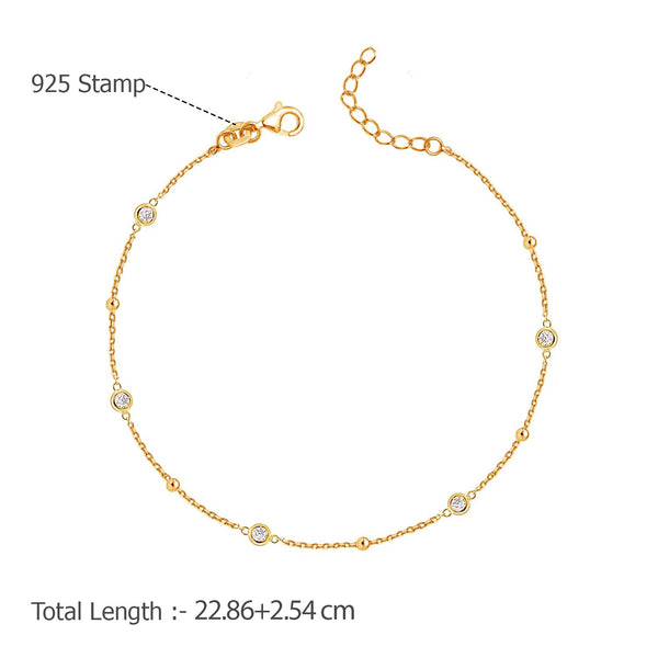 925 Sterling Silver 14K Gold Plated Cubic Zirconia Link Chain Station Anklet for Women (SINGLE ANKLET)