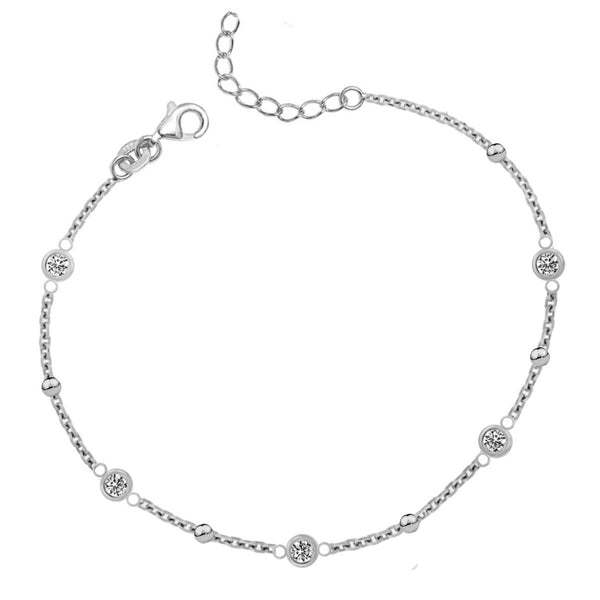 925 Sterling Silver Cubic Zirconia & Ball Beads Link Chain Anklet For Women