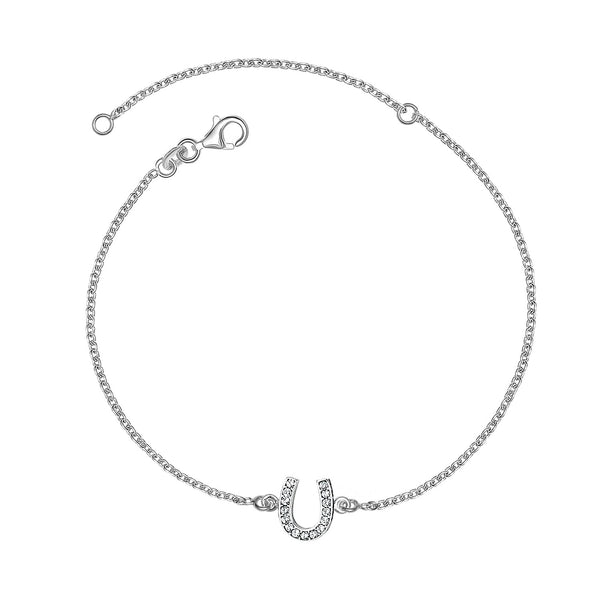 925 Sterling Silver Cubic Zirconia Goodluck HorseShoe Charm Sparkling Anklets for Women (SINGLE ANKLET)
