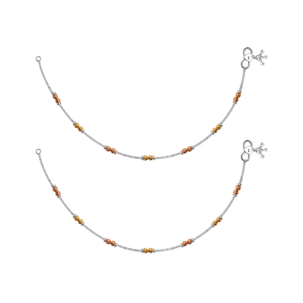 925 Sterling Silver Designer Multi Tone Diamond Cut Bead Anklets for Women And Girls (PAIR ANKLET)