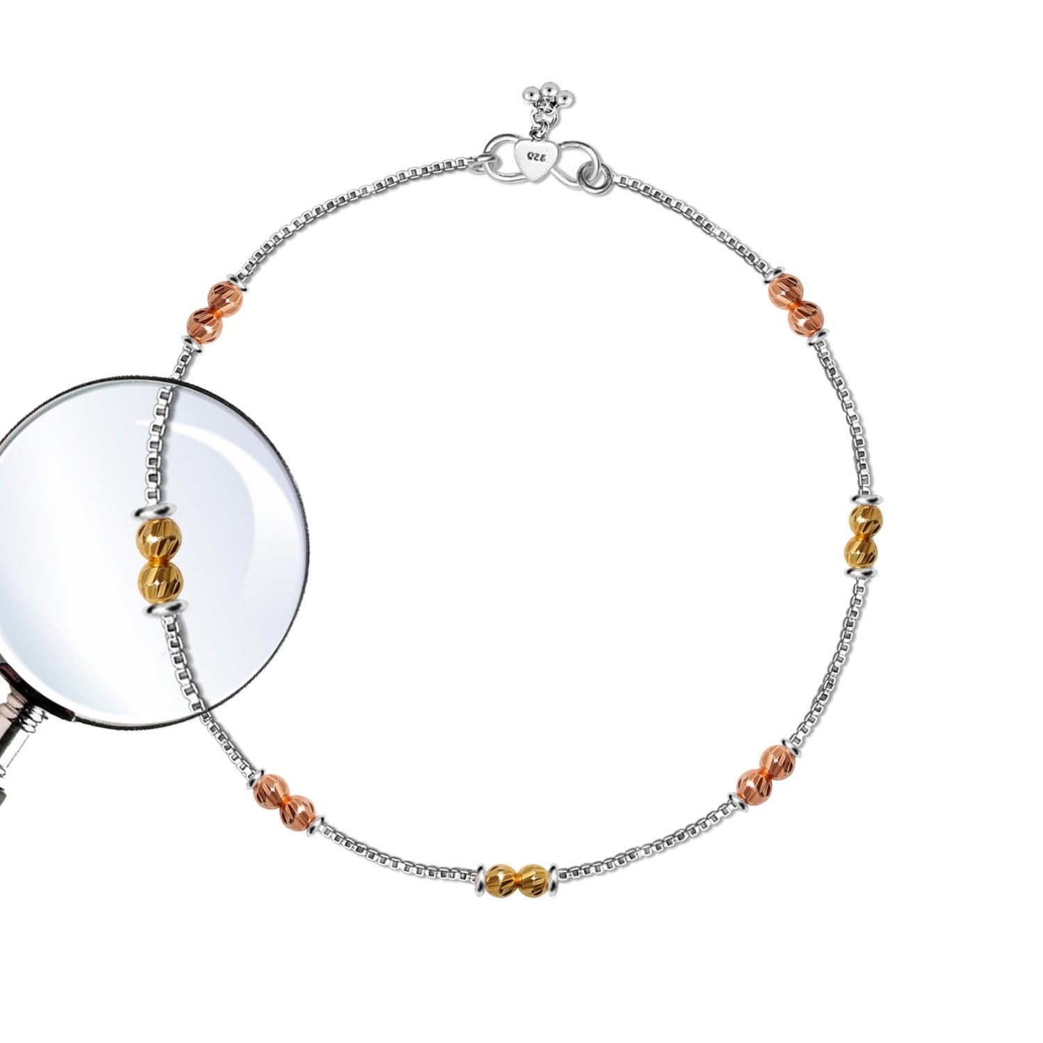 925 Sterling Silver Designer Multi Tone Diamond Cut Bead Anklets for Women And Girls (PAIR ANKLET)