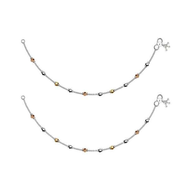 925 Sterling Silver Designer Multi Tone Diamond Cut Bead Anklets for Women And Girls (PAIR ANKLET)