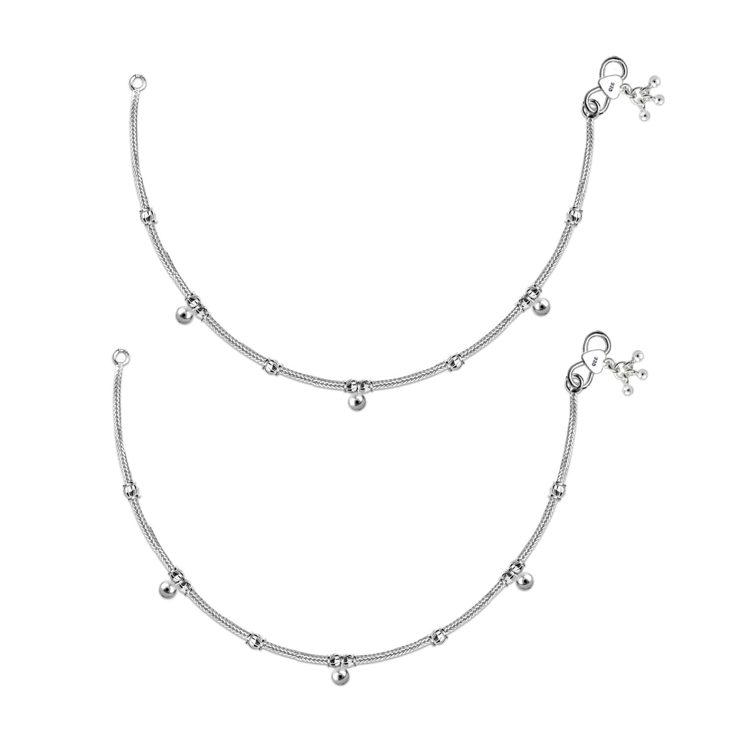 925 Sterling Silver Diamond Cut Bead Anklets for Women (PAIR ANKLET)