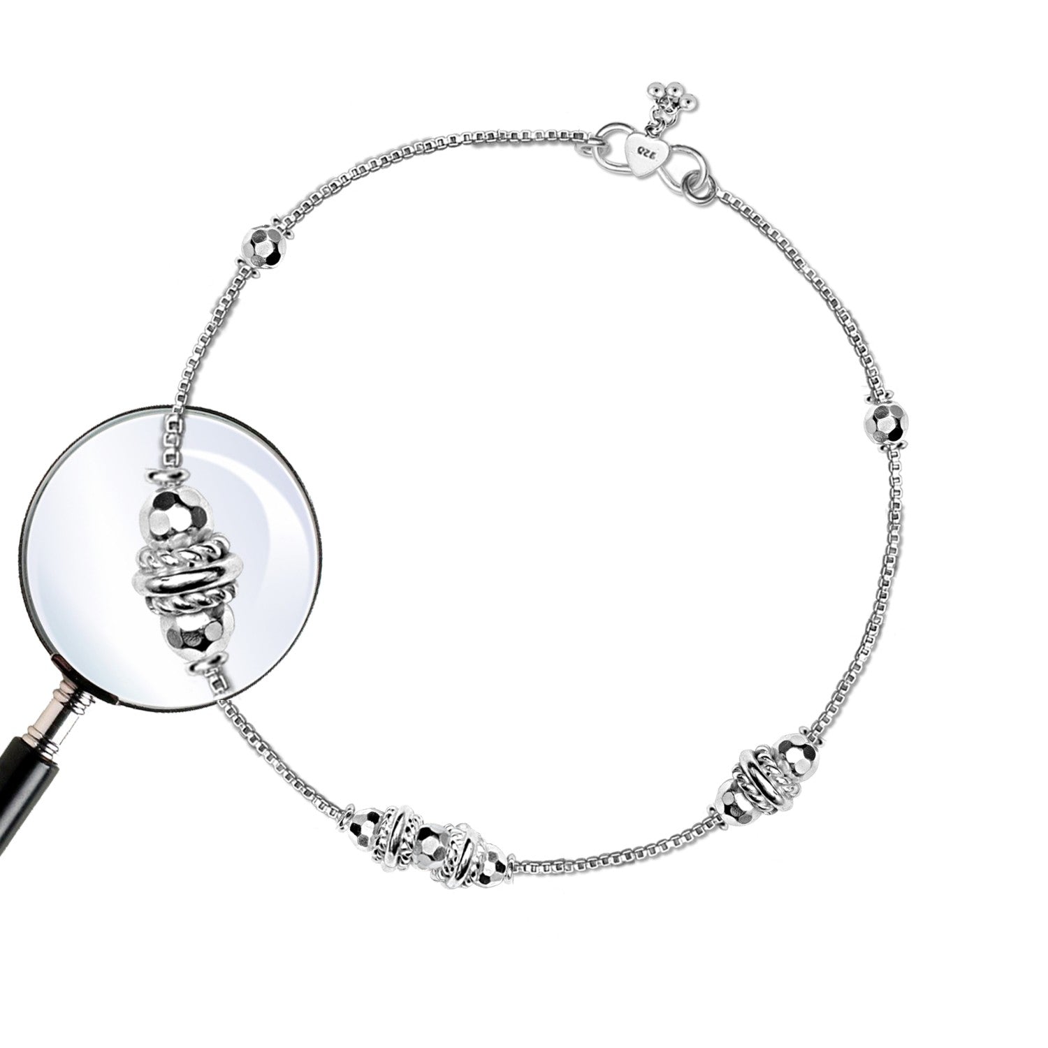 925 Sterling Silver Diamond Cut Bead Anklets for Women (PAIR ANKLET)