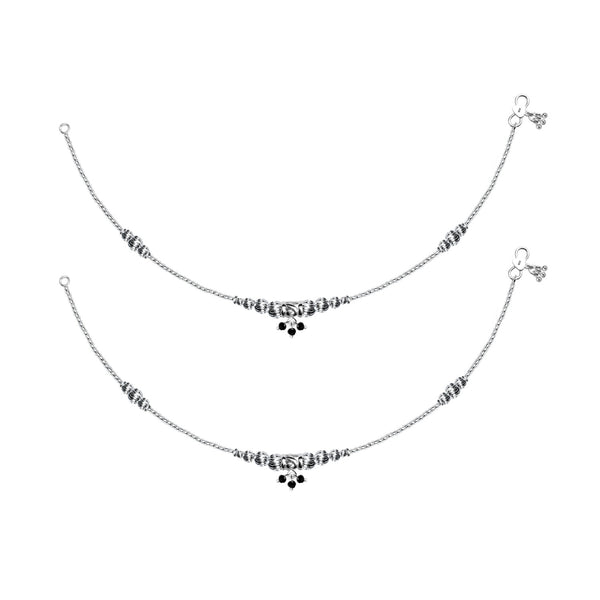 925 Sterling Silver Diamond Cut Black Bead Anklets for Women (PAIR ANKLET)