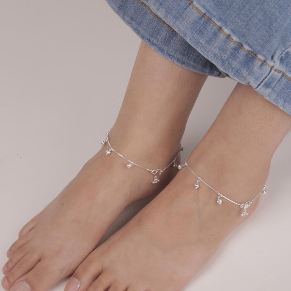 925 Sterling Silver Diamond Cut Bead Anklets for Women (PAIR ANKLET)