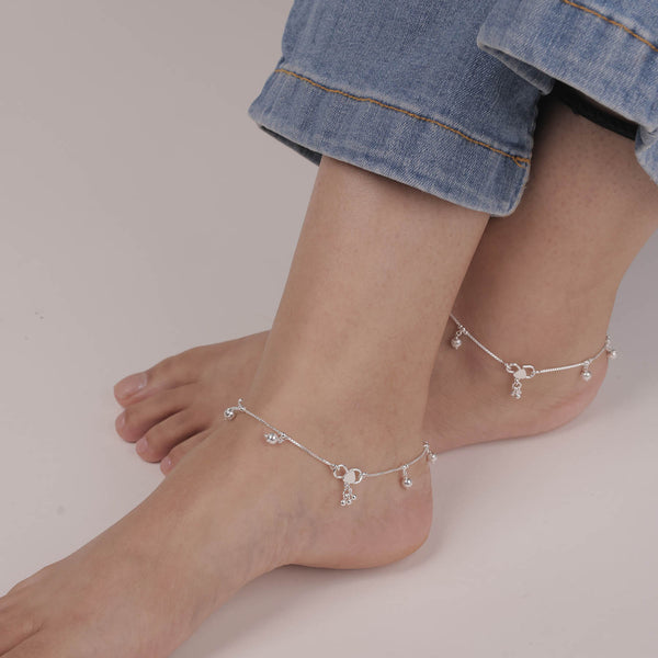 925 Sterling Silver Diamond Cut Bead Anklets for Women (PAIR ANKLET)