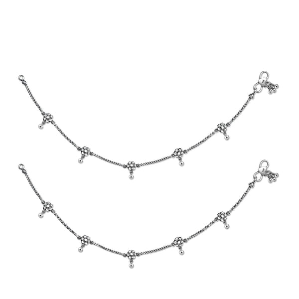 925 Sterling Silver Designer Oxidized Flower Anklets for Women And Girls (PAIR ANKLET)