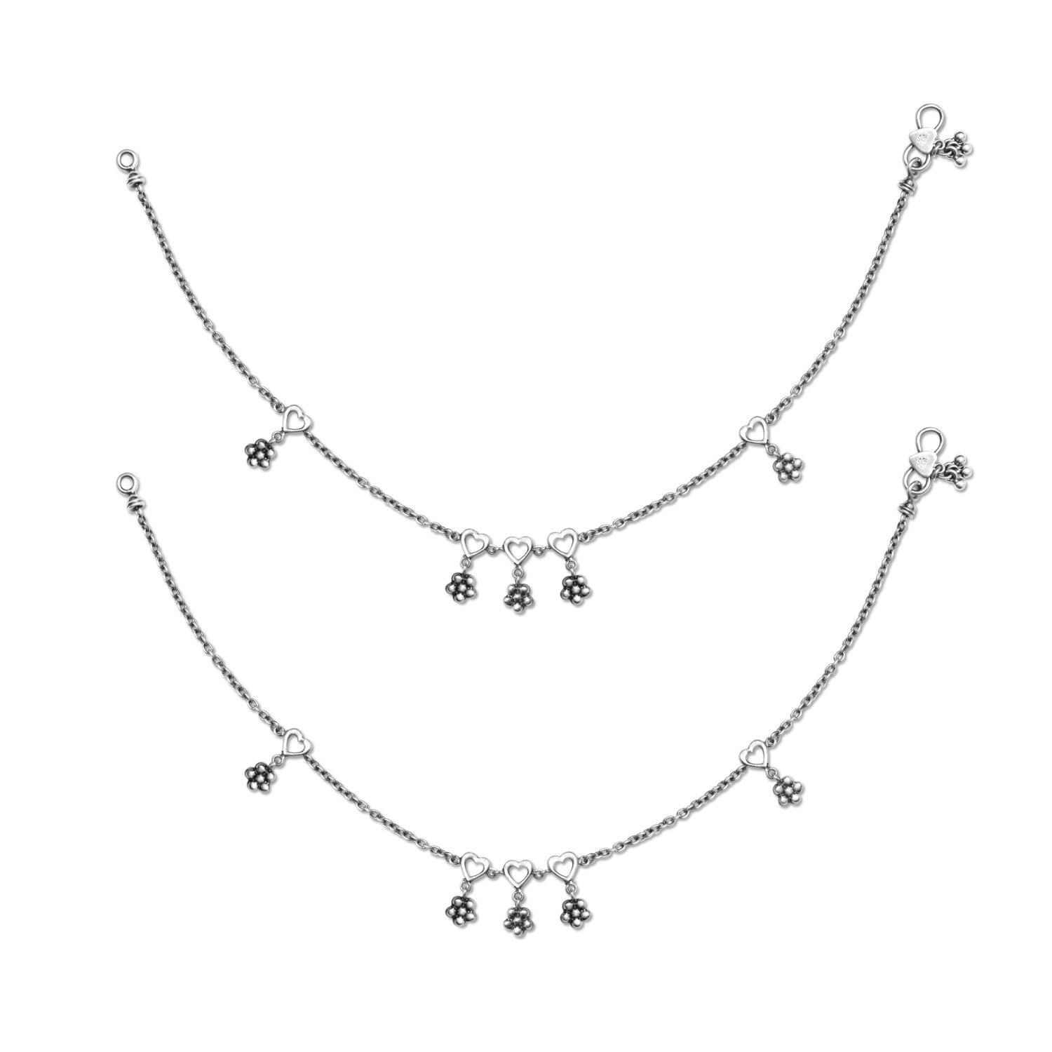 925 Sterling Silver Designer Oxidized Heart Anklets for Women And Girls ; 10.5 Inches