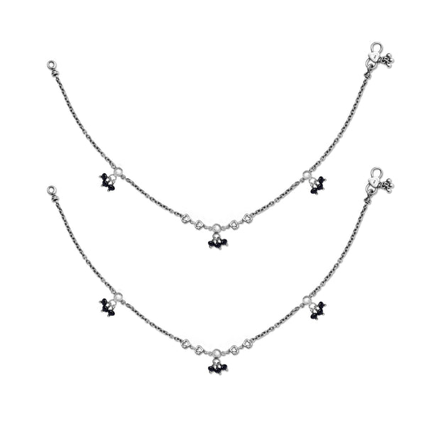 925 Sterling Silver Diamond Cut Black Bead Anklets for Women (PAIR ANKLET)