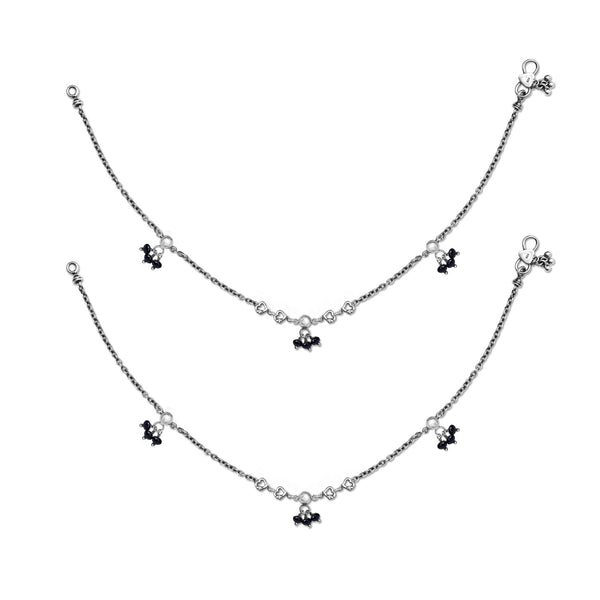 925 Sterling Silver Diamond Cut Black Bead Anklets for Women
