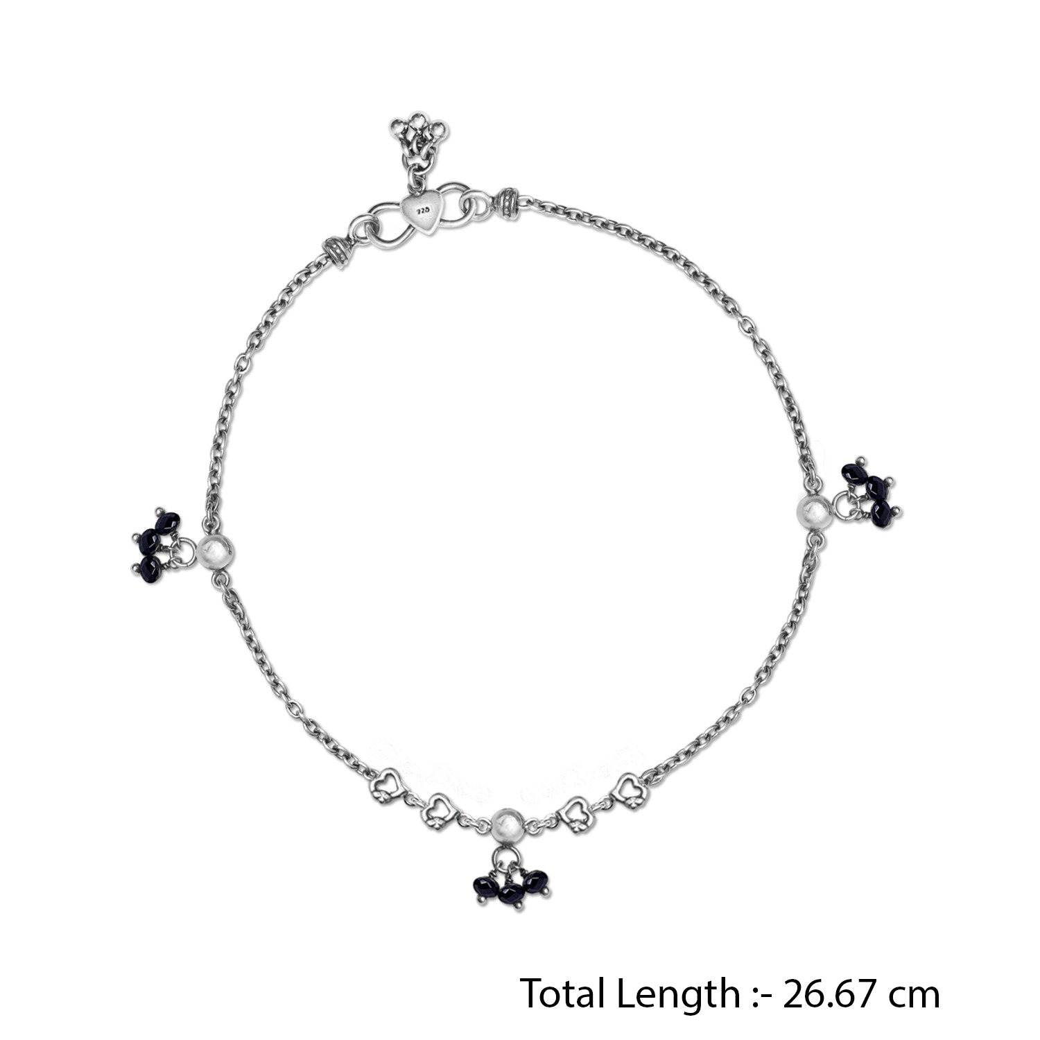 925 Sterling Silver Diamond Cut Black Bead Anklets for Women (PAIR ANKLET)