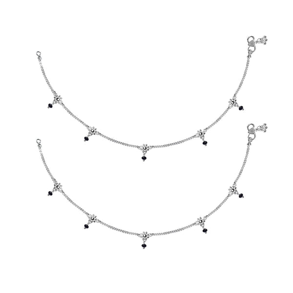 925 Sterling Silver Modern Black Bead Flower Anklets for Women And Girls (PAIR ANKLET)