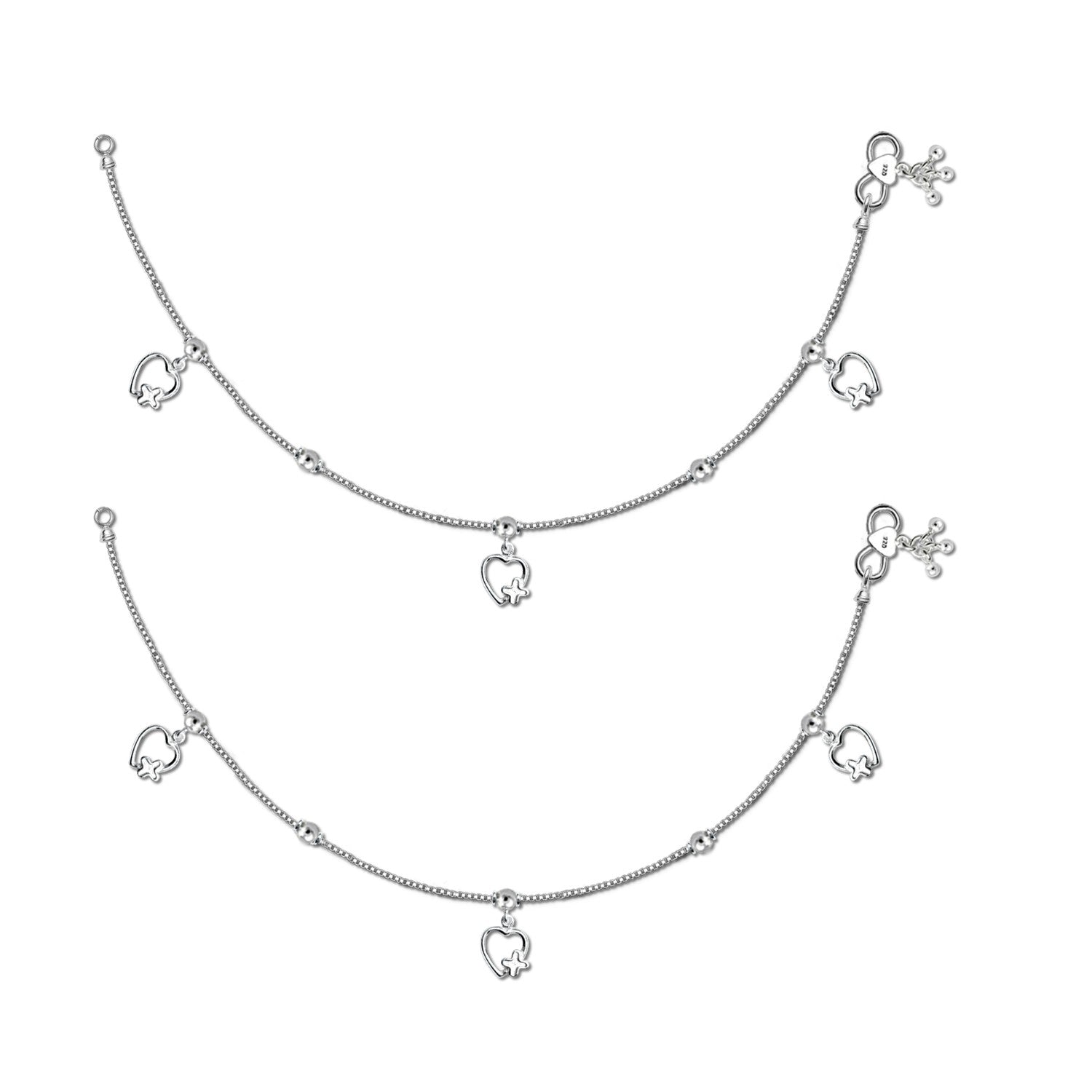 925 Sterling Silver Modern Heart Style Anklets for Women and Girls